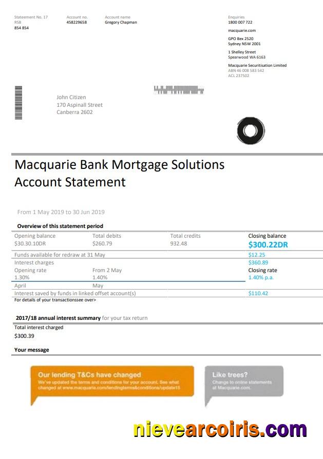 Australia Macquaire proof of address bank statement in Word and PDF format (.doc and .pdf)